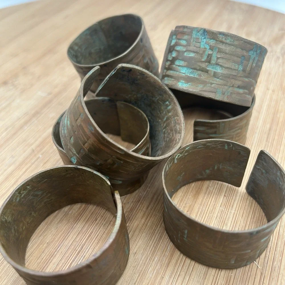 Vintage Copper Set of 6 Embossed Solid Copper‎ Napkin Rings Tooled Rattan
